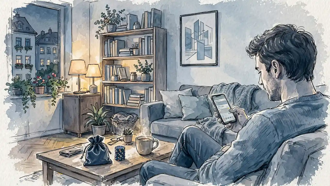 Gemütliches Wohnzimmer mit Person auf dem Sofa und Smartphone