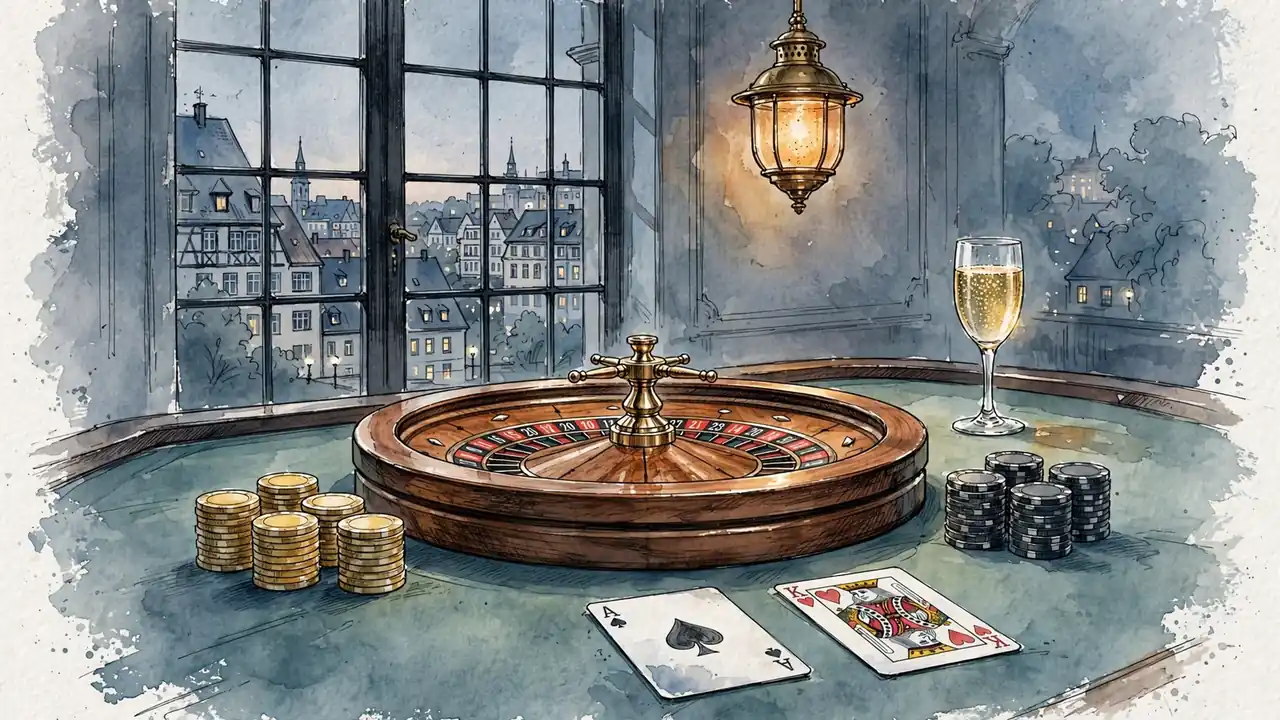 Eleganter Casinotisch mit Roulette-Rad, gestapelten Spielchips und Karten auf grünem Filz
