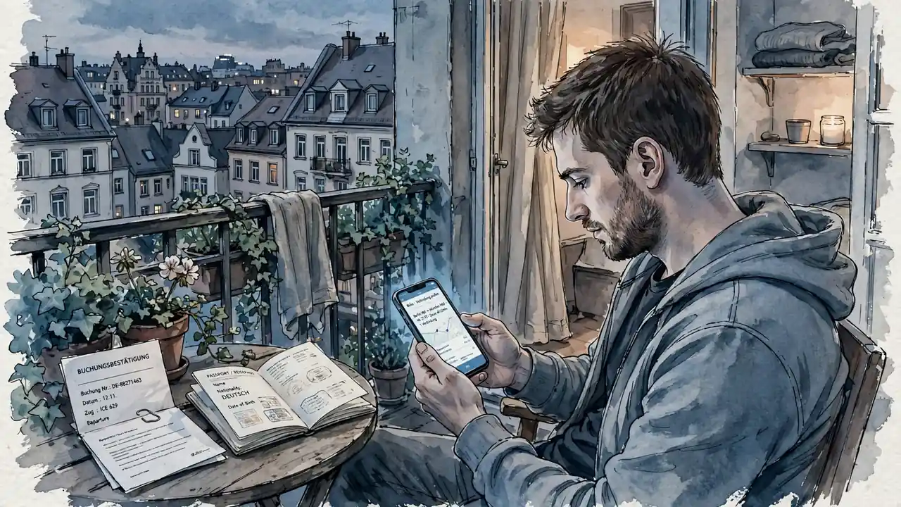 Junger Mann prüft Echtgeld-App auf dem Smartphone neben Ausweis und Dokumenten