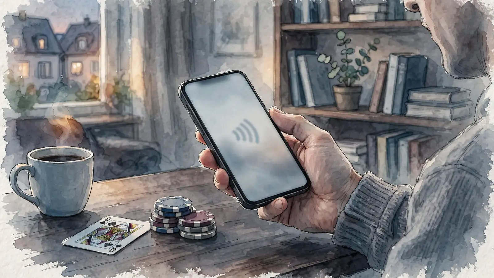 Smartphone mit Google Pay auf einem Tisch mit Casino-Chips