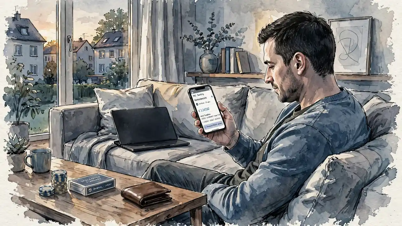 Person am Smartphone mit geschlossenem Laptop und Casino-Chips im Wohnzimmer
