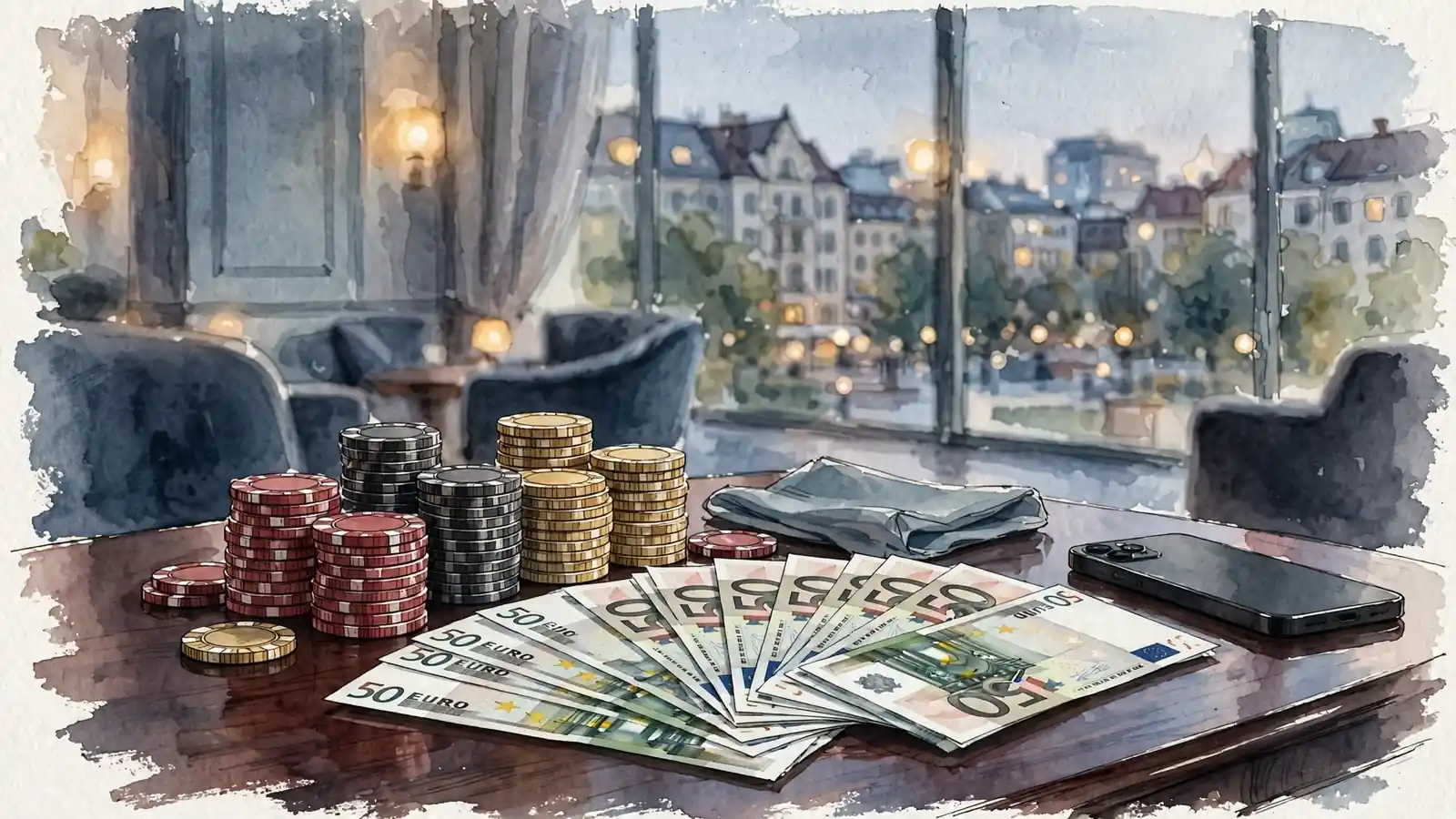 Elegante Casino-Lounge mit Spielchips und Euro-Banknoten auf Mahagonitisch