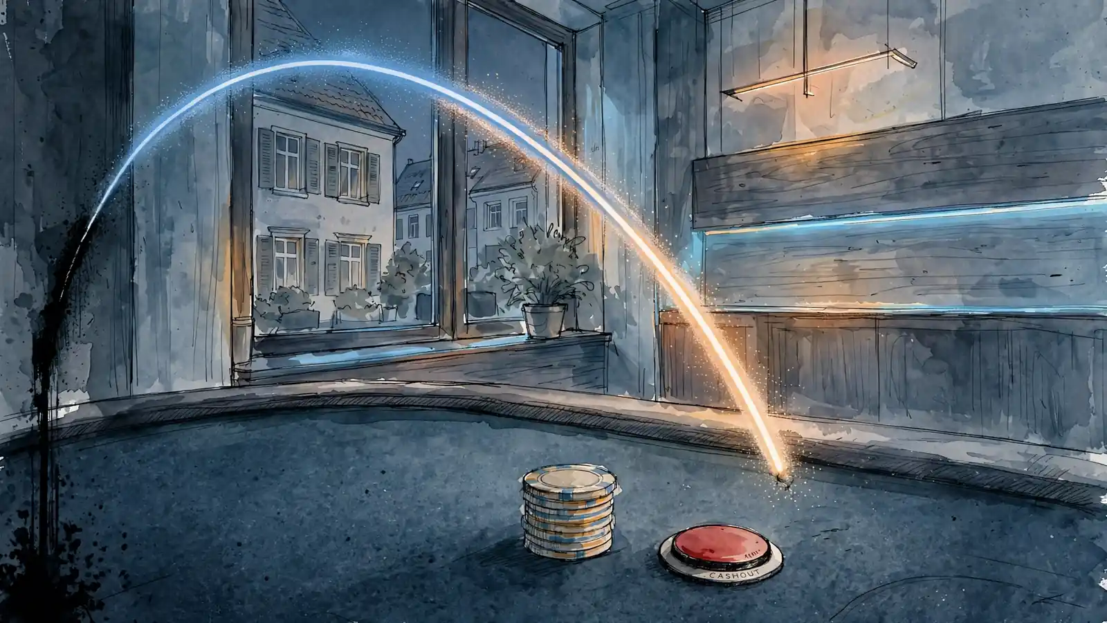 Leuchtende steigende Kurve über einem Spieltisch mit Chips und Cashout-Knopf im Casino.