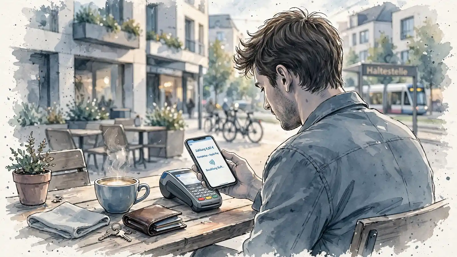Kontaktlose Bezahlung mit Smartphone in einem deutschen Straßencafé am Nachmittag