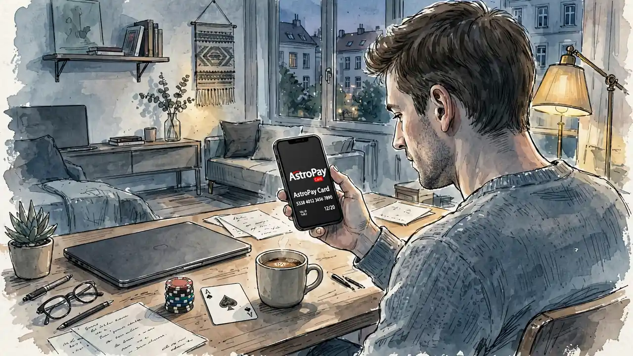 Person mit Smartphone und AstroPay-Karte am Schreibtisch in moderner Berliner Wohnung mit Casino-Chips und Karte.