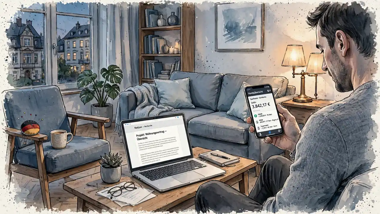 Deutsche Person nutzt Smartphone-Banking-App im Wohnzimmer