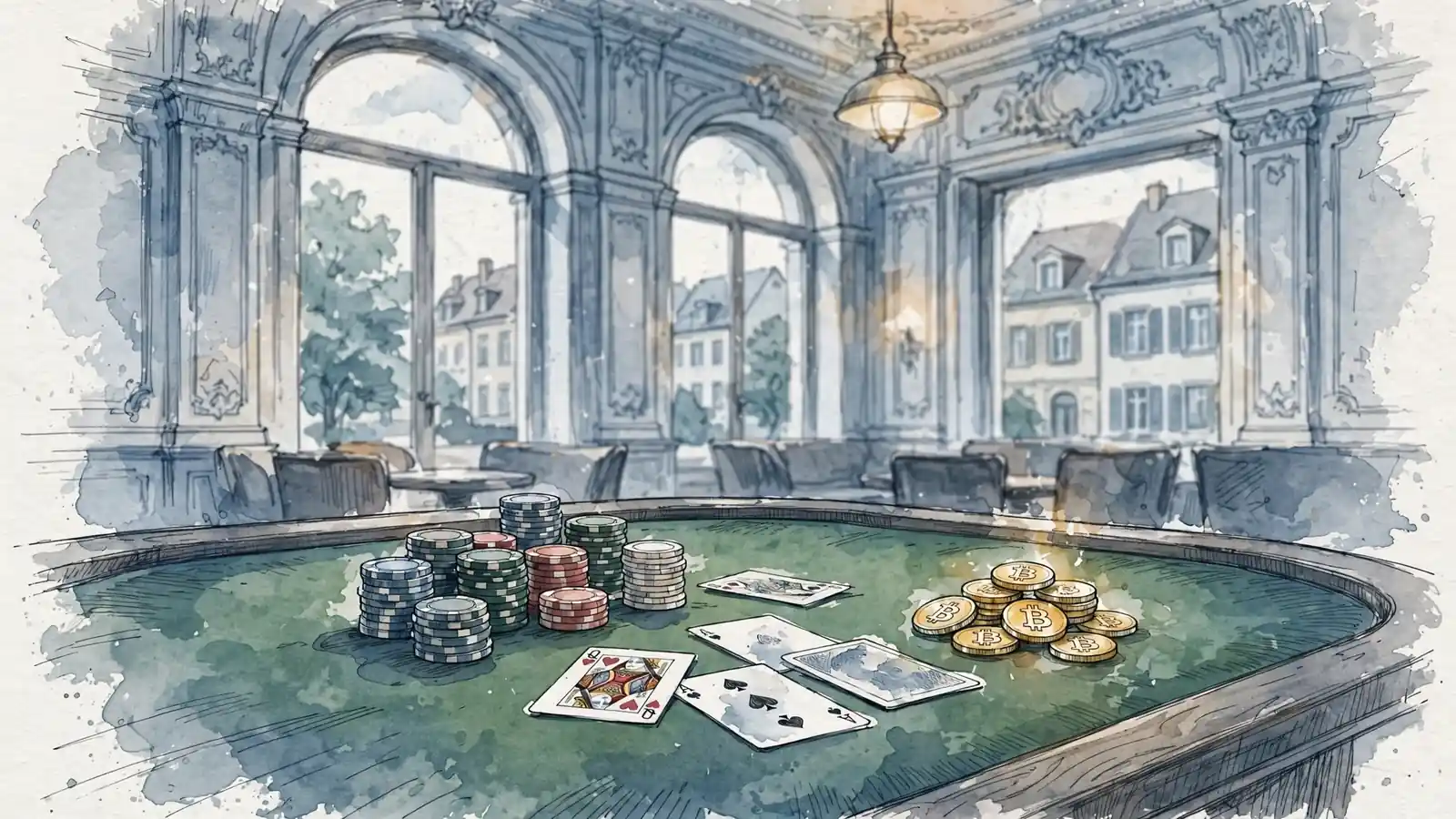 Elegantes Casino-Setting mit Spielchips, Karten und Kryptomünzen auf grünem Filztisch im deutschen Interieur