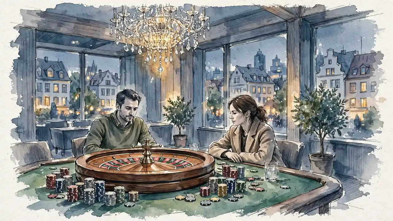 Modernes Casino-Interieur mit Roulette-Tisch, Spielchips und warmem Abendlicht
