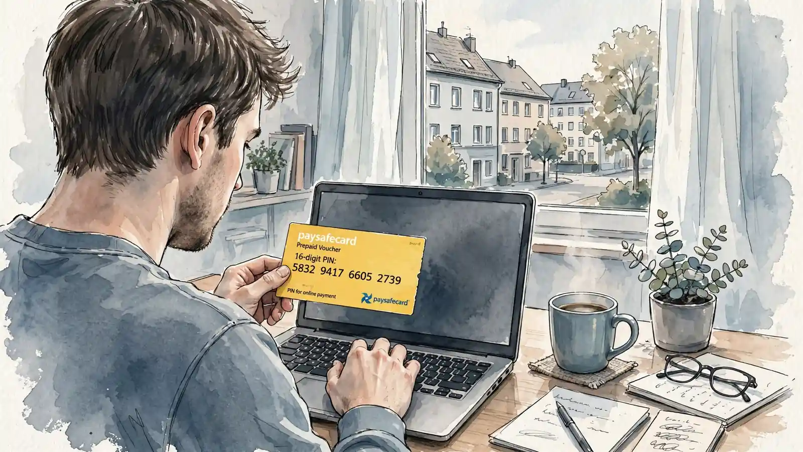 Junge Person am Schreibtisch mit gelber Paysafecard und zugeklapptem Laptop