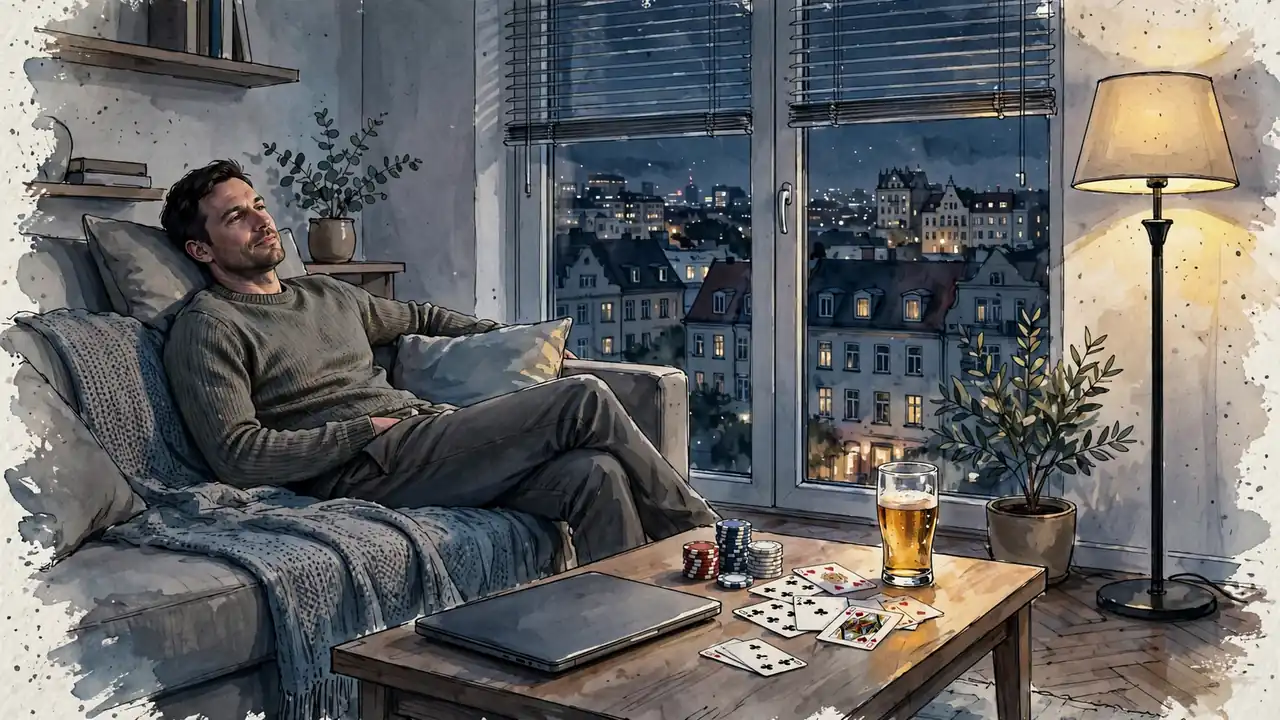 Mann entspannt abends mit Laptop und Poker-Chips auf dem Sofa